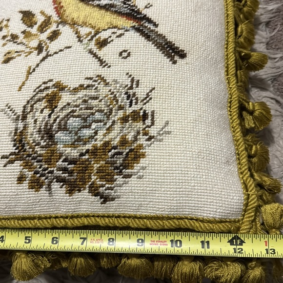 Wool Needle Point Pillow with Tassel Fringe-Song Bird with Nest-Beige/Tan - Picture 10 of 13